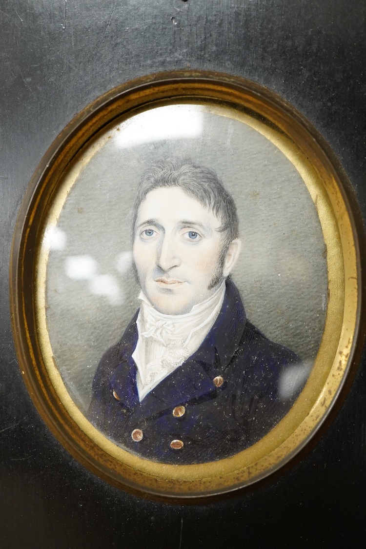 Manner of George Englehart, Portrait miniature of a gentleman, oval watercolour on ivory, housed in an ebonised frame, 7 x 5cm CITES Submission reference LBA9K1XS
